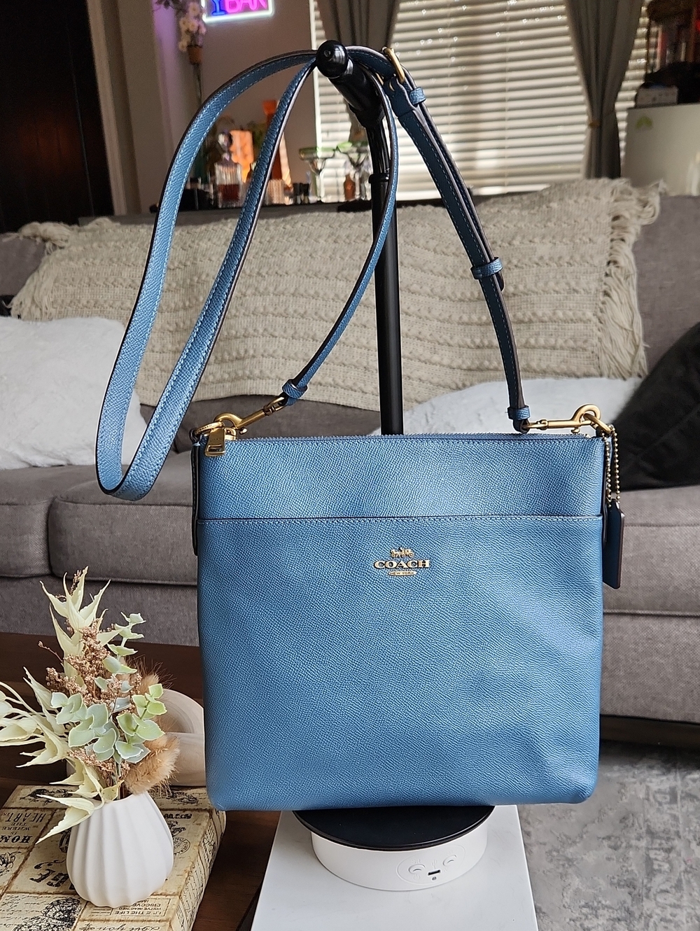Coach Blue Pebbled Leather Crossbody with Gold Hardware